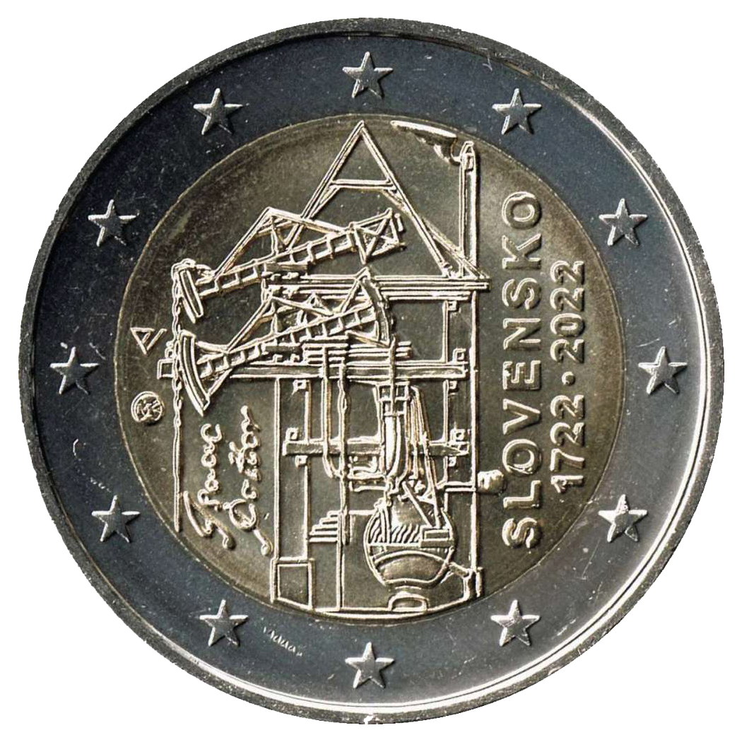 2 euros conmemorativa 300 aniversario de la construcción de la primera máquina de vapor para bombear agua de las minas de Eslovaquia